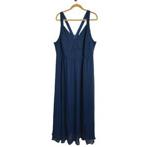 Roiii Women's Sz XL Elegant Navy Blue Chiffon Maxi Dress Cross-Back Straps